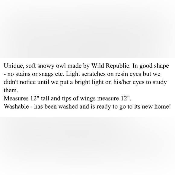 Snowy Owl Plush 12” Stuffed Animal White Brown Yellow Eyes Soft - Wild Republic - Picture 7 of 7